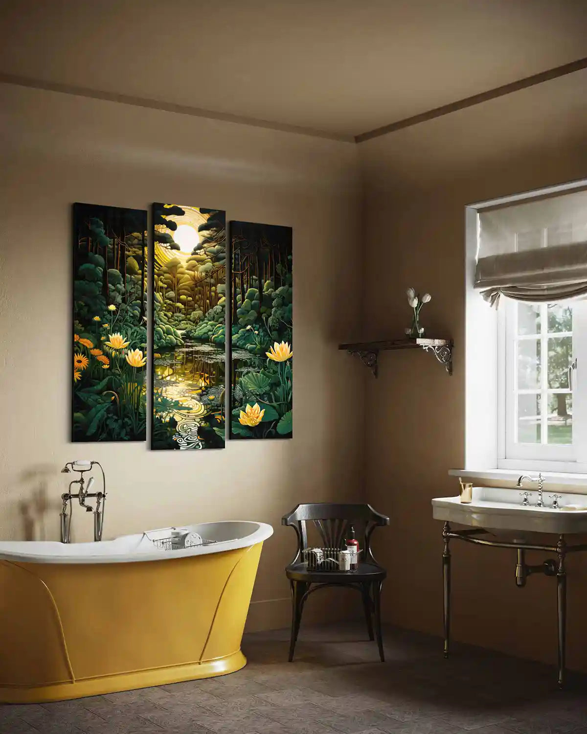 Glimmer digital art print on oversized triptych wall art in a luxury bathroom, side view.