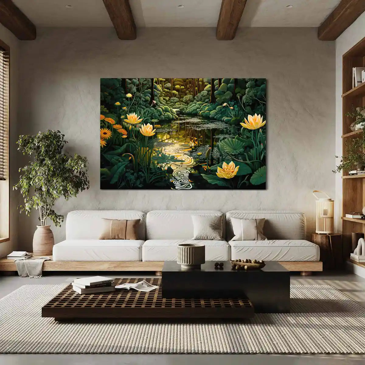 Glimmer digital art print on oversized wall art in modern cozy living room decor, frontal view.