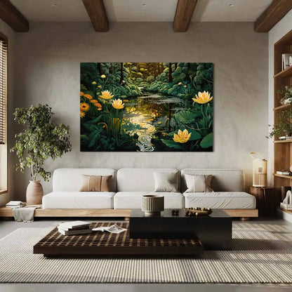 Glimmer digital art print on oversized wall art in modern cozy living room decor, frontal view.