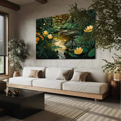 Glimmer digital art print on oversized wall art in modern cozy living room decor, side view.