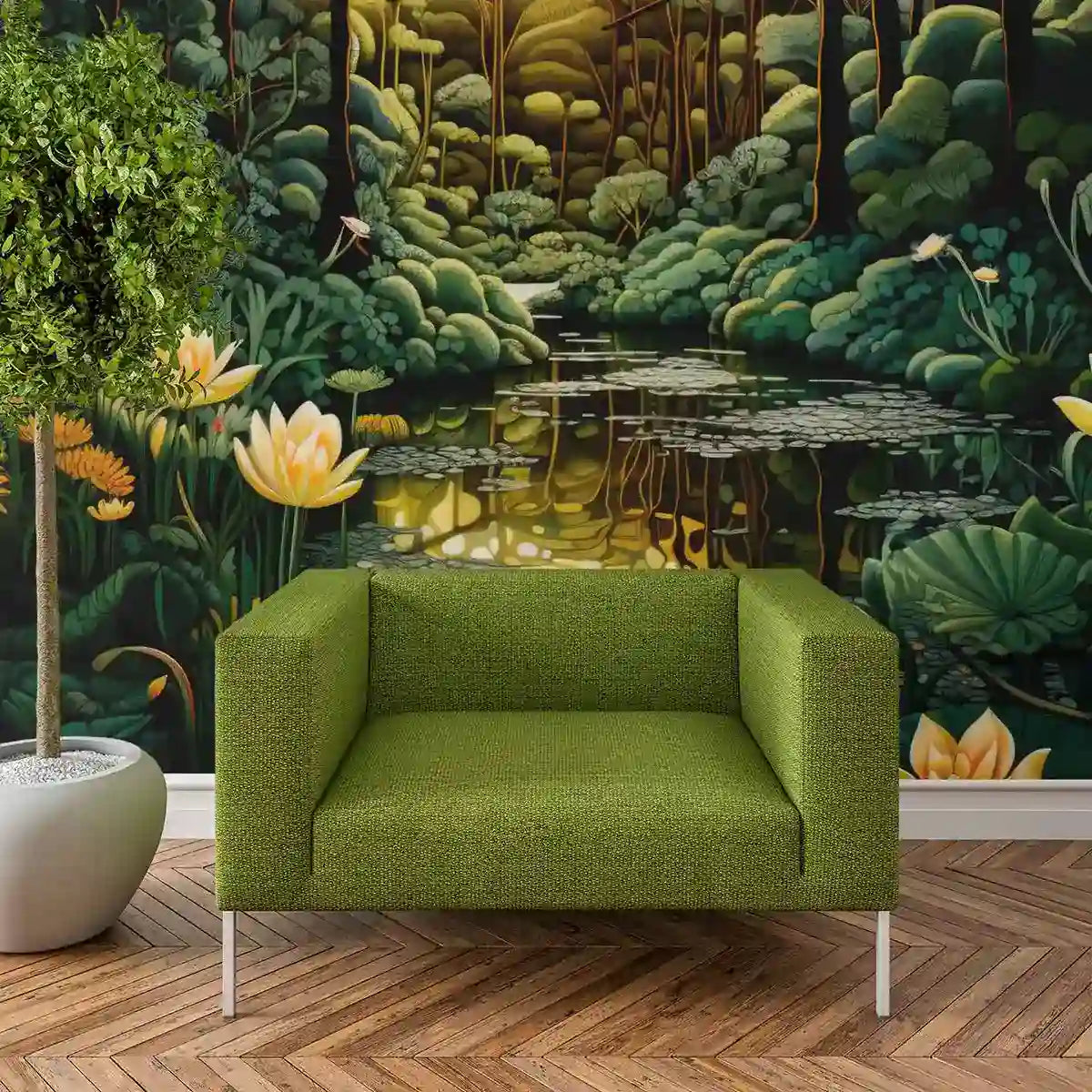 Modern interior with Glimmer digital wall art print above armchair and indoor plant.