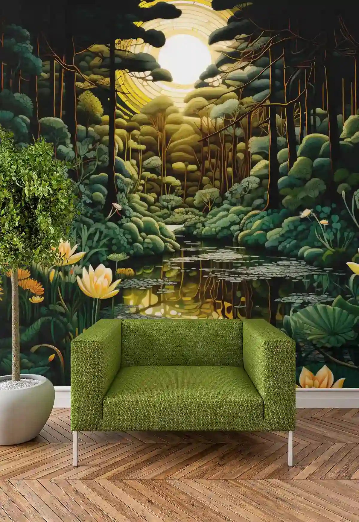 Glimmer digital art print on wall featuring a modern fabric armchair and an indoor plant.