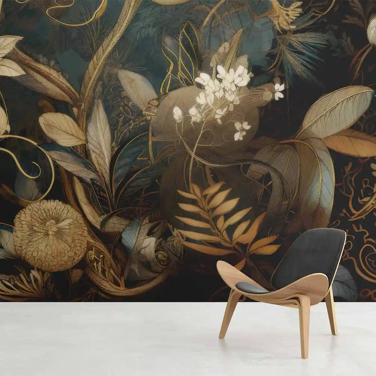 Glistening Blooms digital art print covering a whole wall behind a trendy wooden chair.