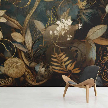 Glistening Blooms digital art print covering a whole wall behind a trendy wooden chair.