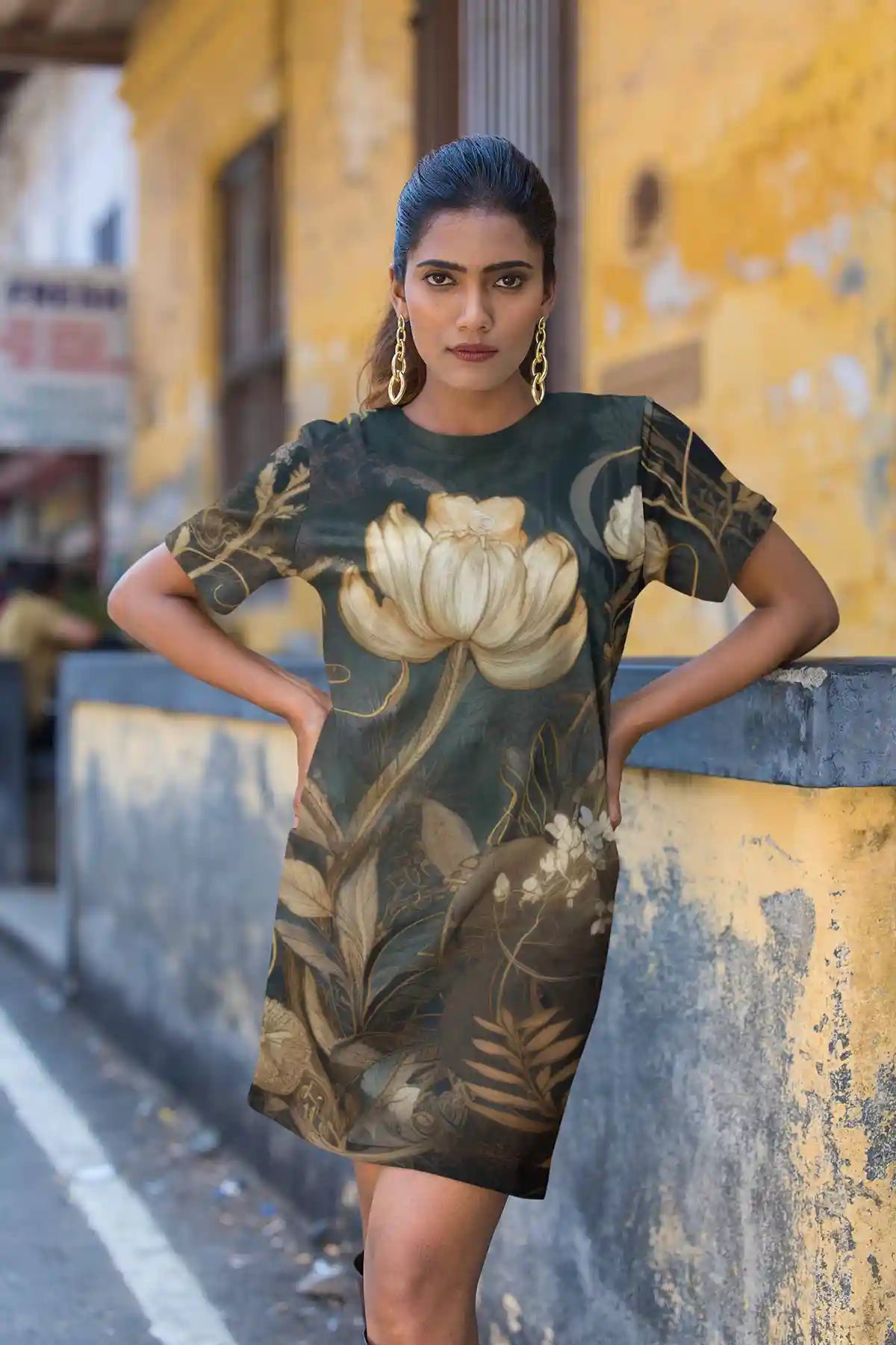 Glistening Blooms digital art print on a T-shirt dress featuring a woman with big earrings.