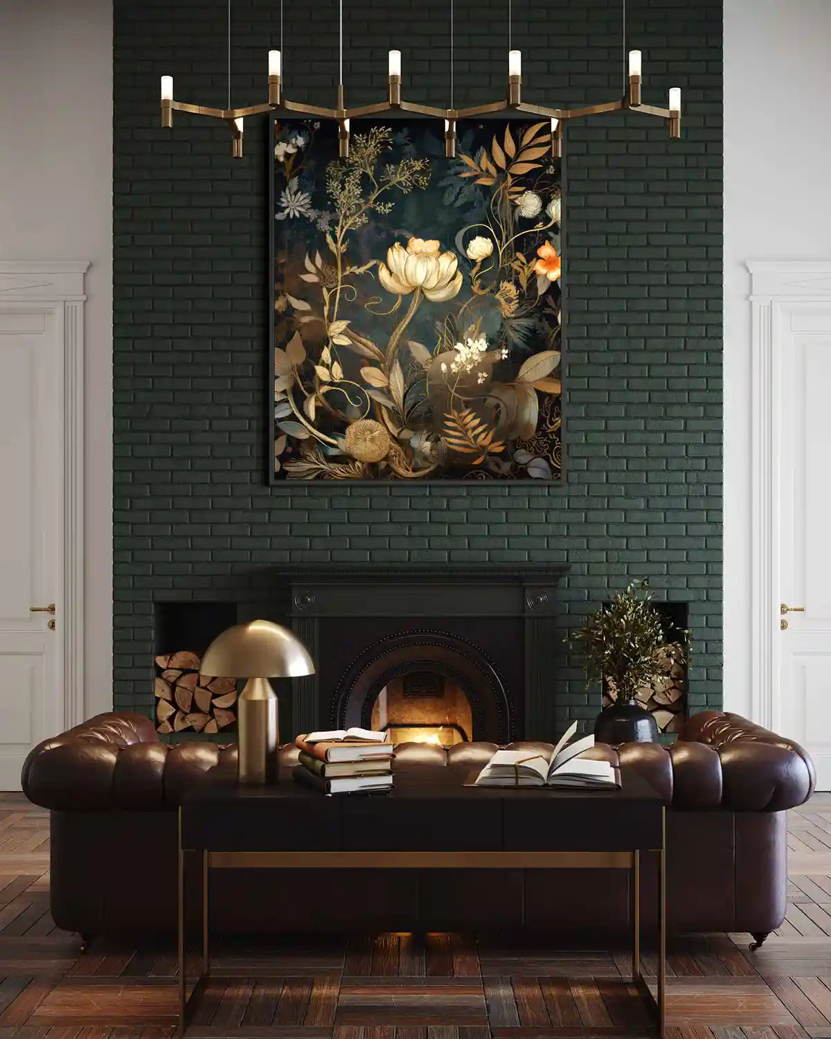 Glistening Blooms digital art print on oversized wall art in a cozy living room with a fireplace, frontal view.