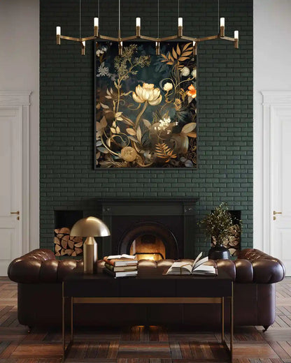 Glistening Blooms digital art print on oversized wall art in a cozy living room with a fireplace, frontal view.