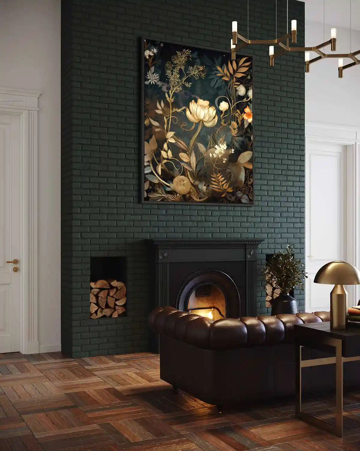 Glistening Blooms digital art print on oversized wall art in a cozy living room with a fireplace, side view.