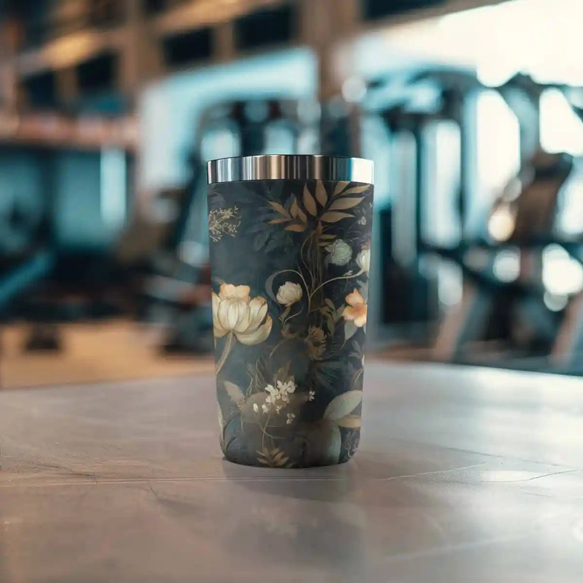 Gym tumbler decorated with Glistening Blooms digital art print.