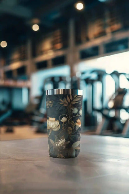 Glistening Blooms digital art print on a tumbler placed inside a gym.