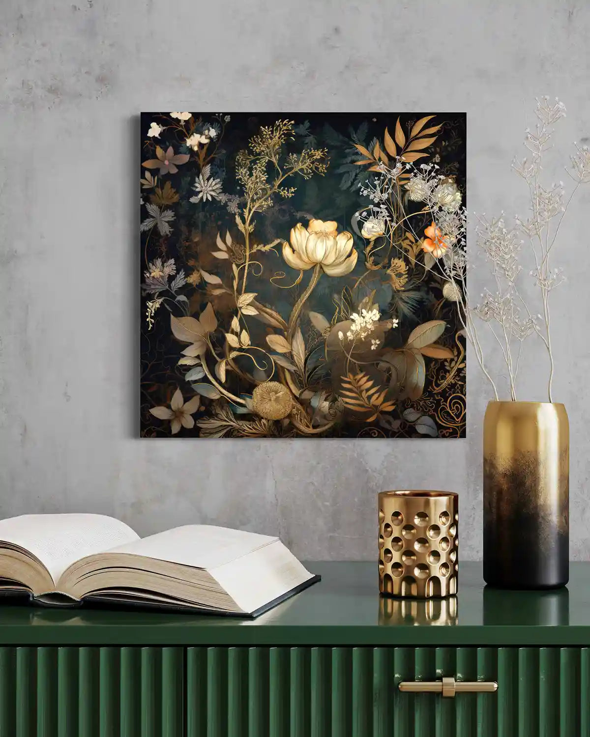 Glistening Blooms digital art print on wall art in a minimal space, closeup frontal view.