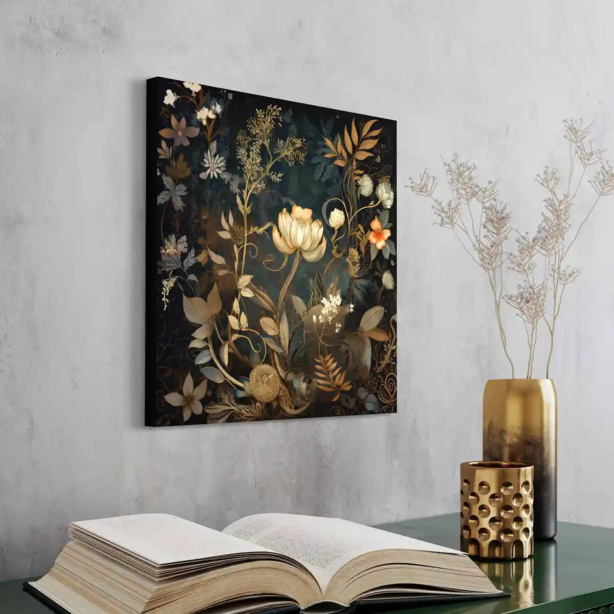 Minimalist space with wall art featuring Glistening Blooms digital art print.