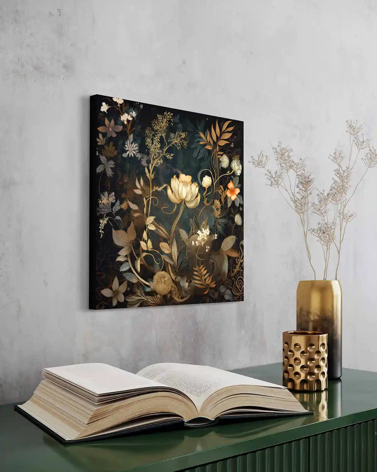 Glistening Blooms digital art print on wall art in a minimal space, closeup side view.