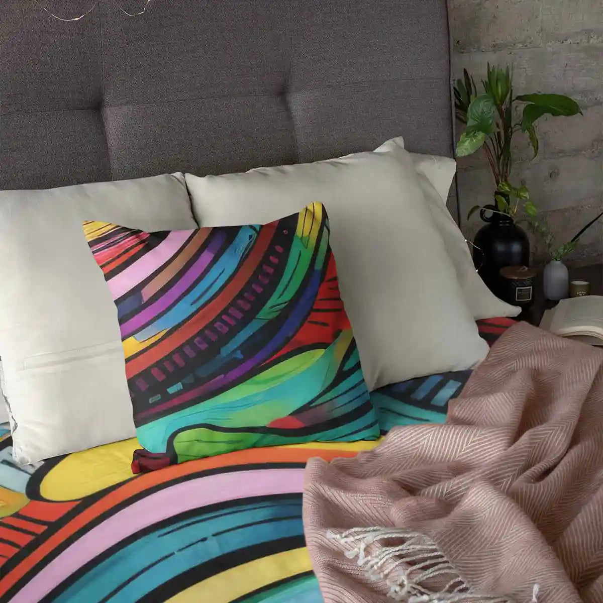 Bedroom with duvet and pillow featuring Gritshade digital art print abstract design.