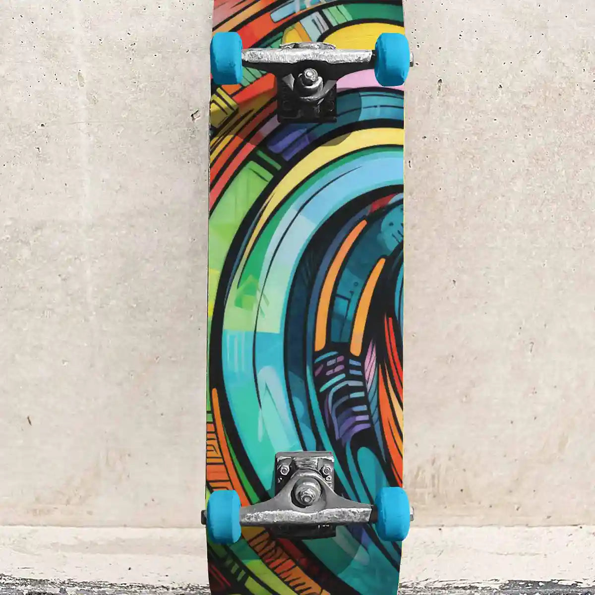 Skateboard with Gritshade digital art print leaning on stone wall.