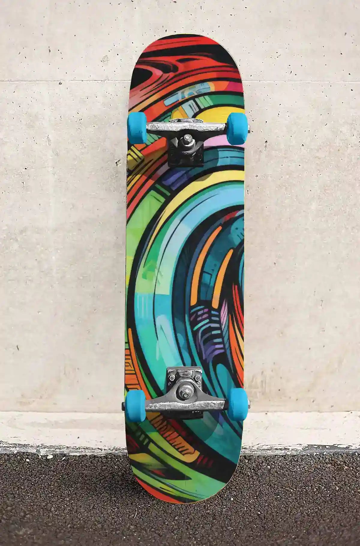 Gritshade digital art print on a skateboard leaning on a stone wall.
