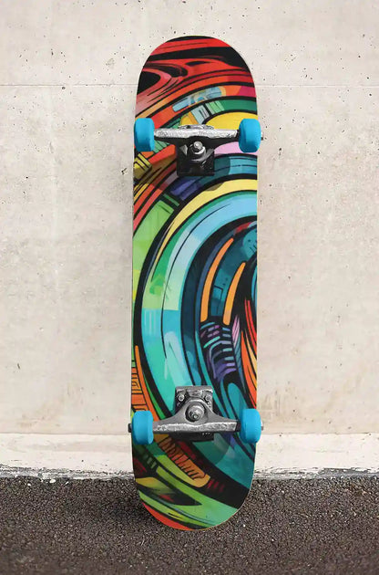 Gritshade digital art print on a skateboard leaning on a stone wall.