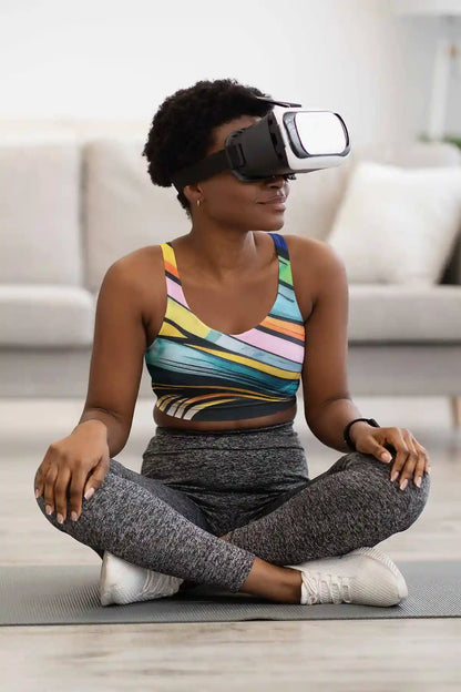 Gritshade digital art print on a sports bra featuring a woman wearing a VR headset.