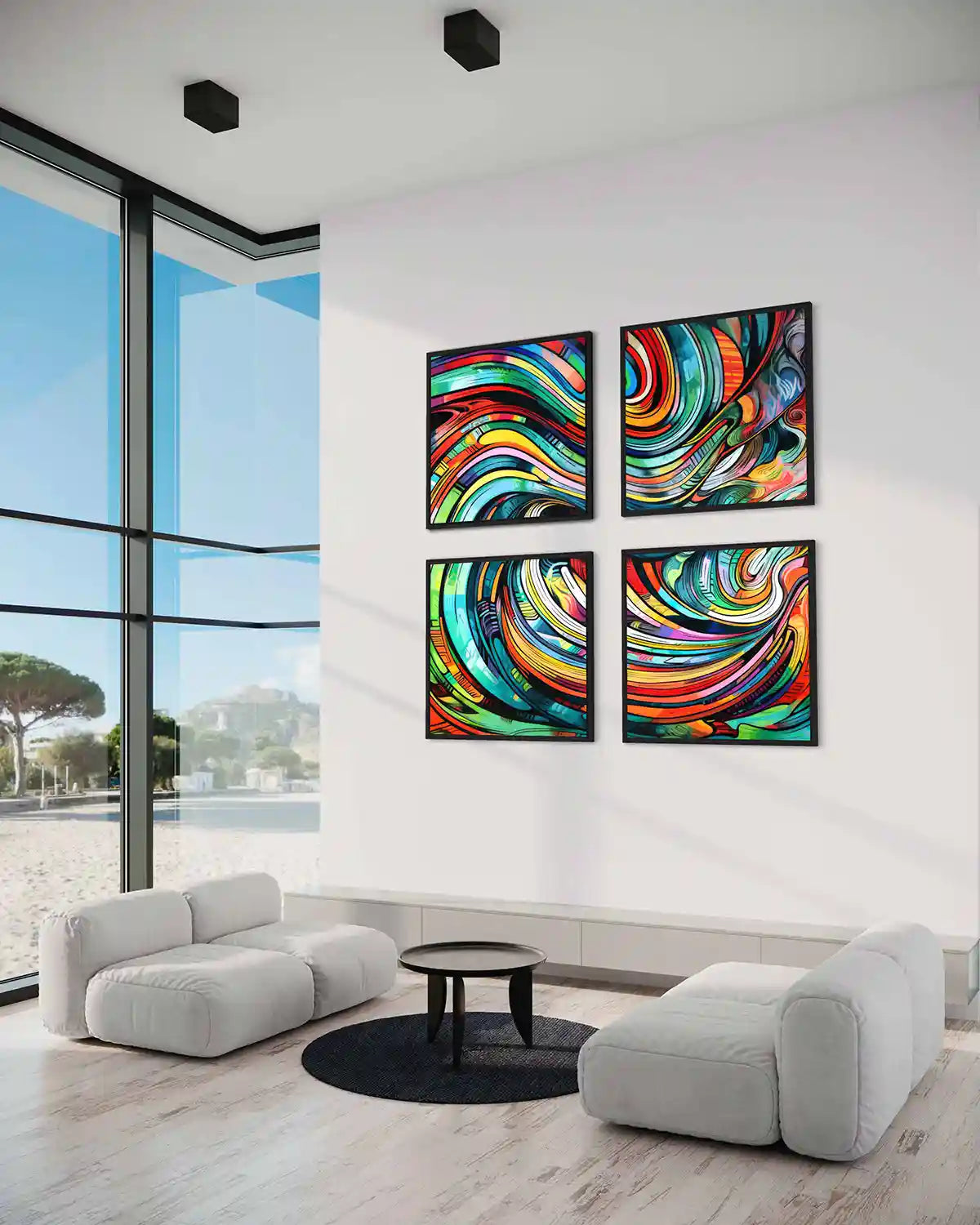 Gritshade digital art print on oversized abstract quadriptych wall art in a modern living room, side view.