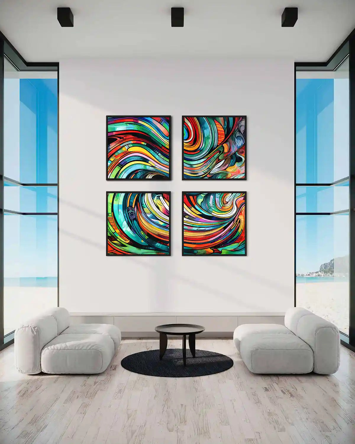Gritshade digital art print on oversized abstract quadriptych wall art in a modern living room.