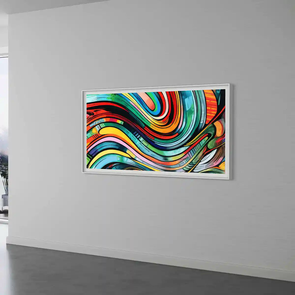 Gritshade digital art print on oversized wall art in a minimalistic modern space, side view.