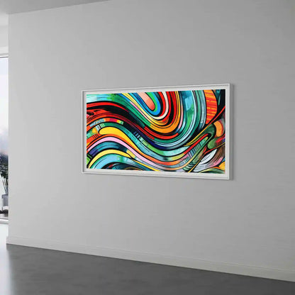 Gritshade digital art print on oversized wall art in a minimalistic modern space, side view.
