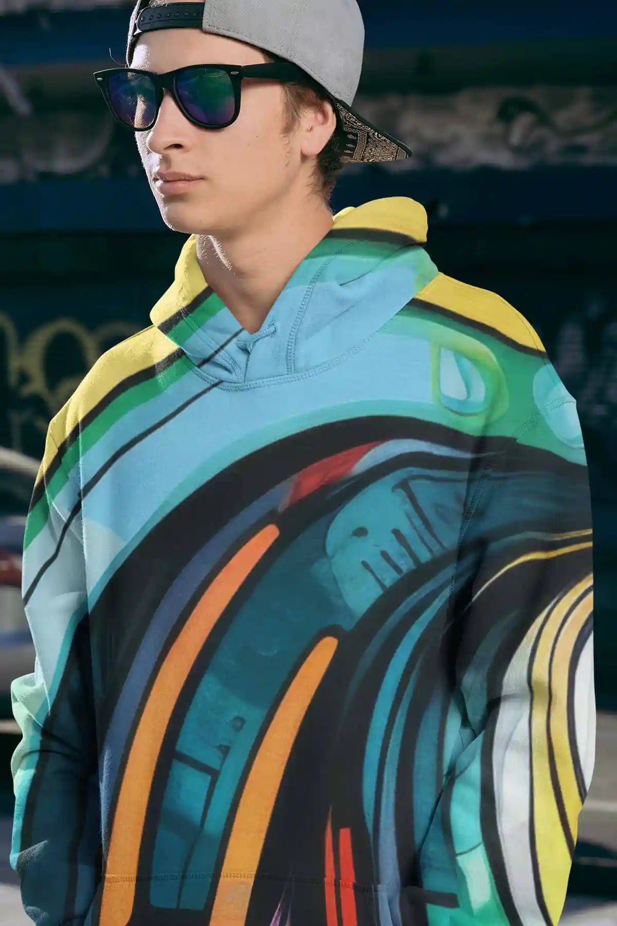 Gritshade digital art print on a sublimated hoodie mockup featuring a man wearing sunglasses.
