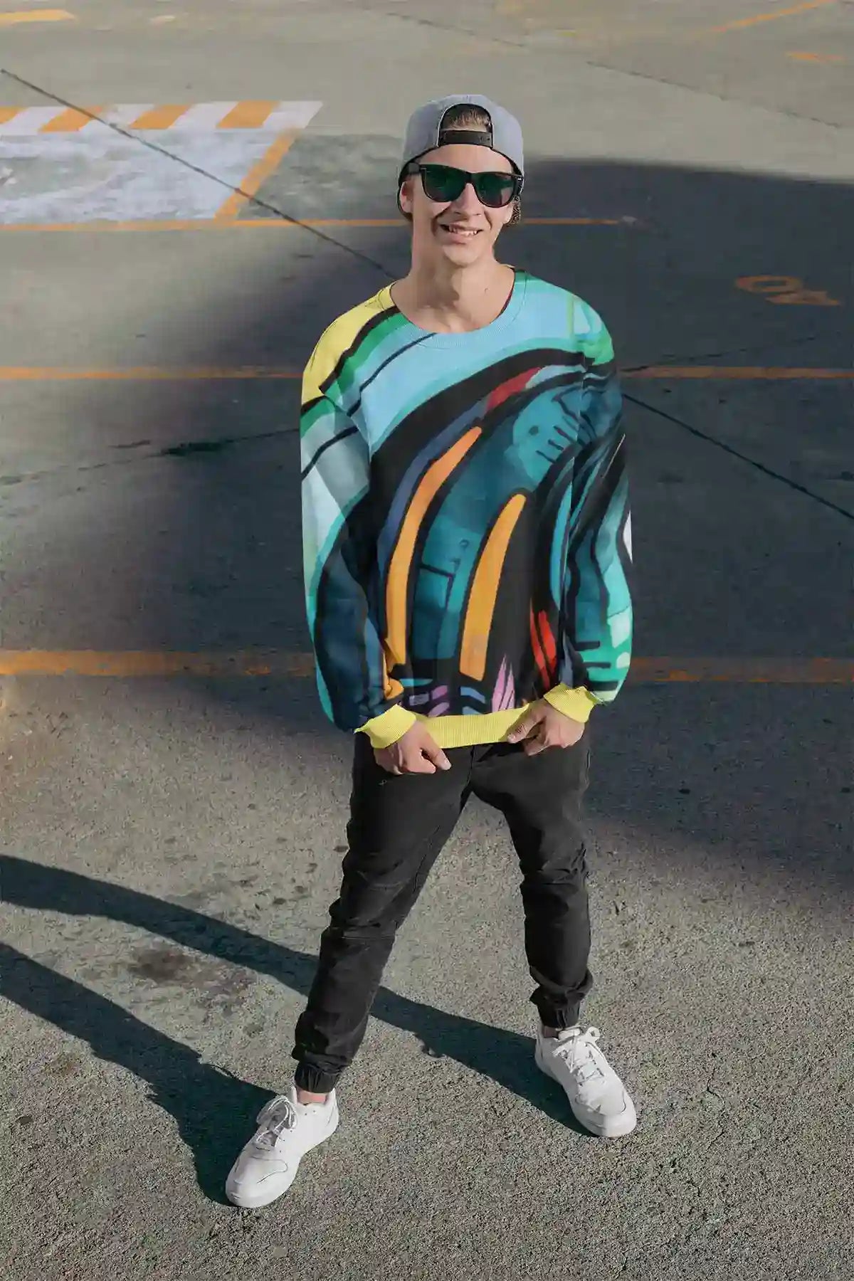 Gritshade digital art print on a sublimated sweatshirt featuring a man at a parking lot.