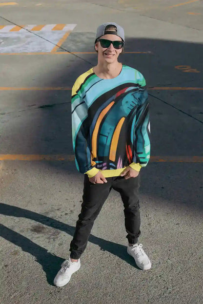Gritshade digital art print on a sublimated sweatshirt featuring a man at a parking lot.