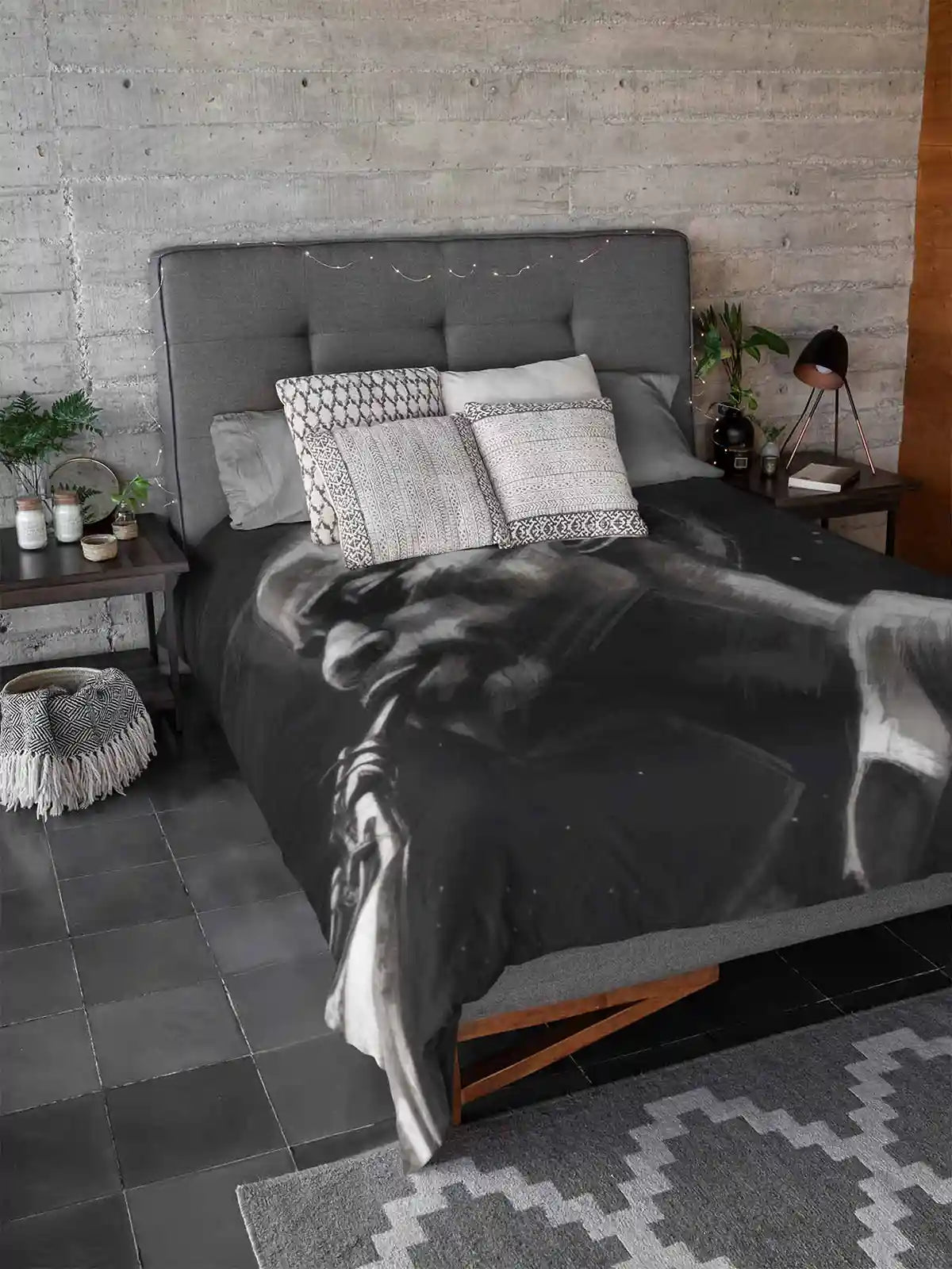 Jazz Musician digital art print on a duvet cover placed in a modern bedroom.
