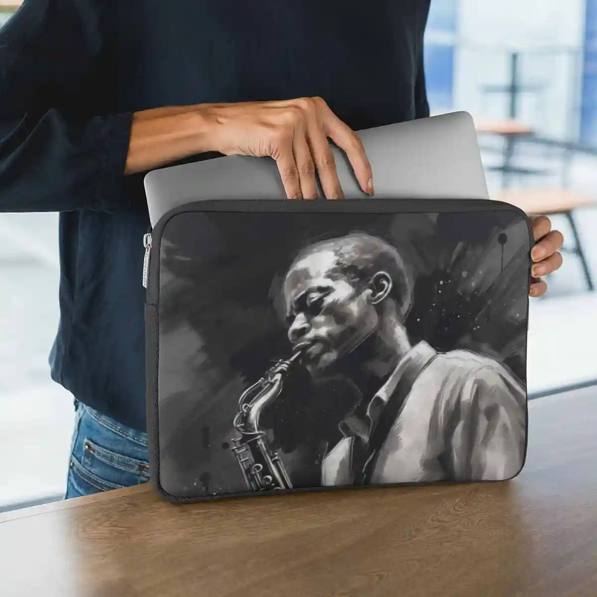 Laptop sleeve with Jazz Musician digital art print featuring young woman.