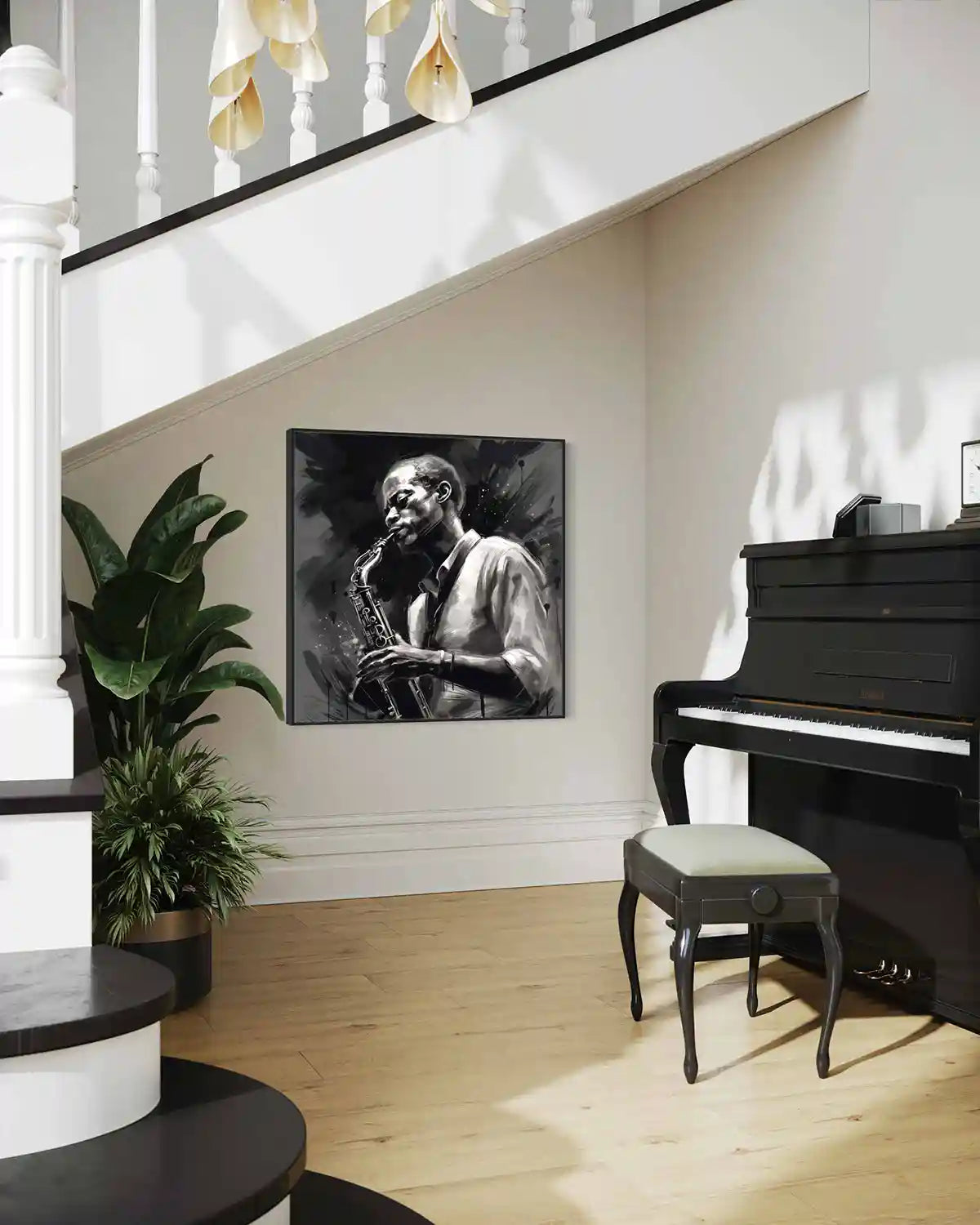 Jazz Musician digital art print on oversized black and white wall art in a living room with a piano, side view.