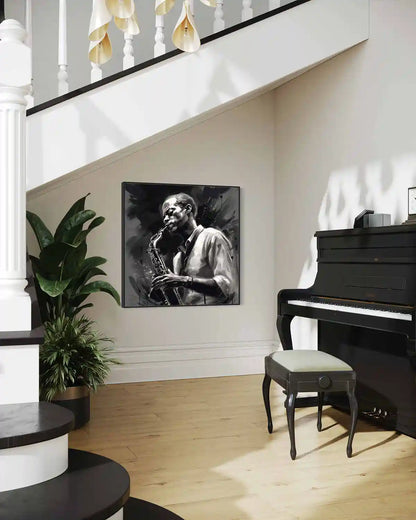 Jazz Musician digital art print on oversized black and white wall art in a living room with a piano, side view.