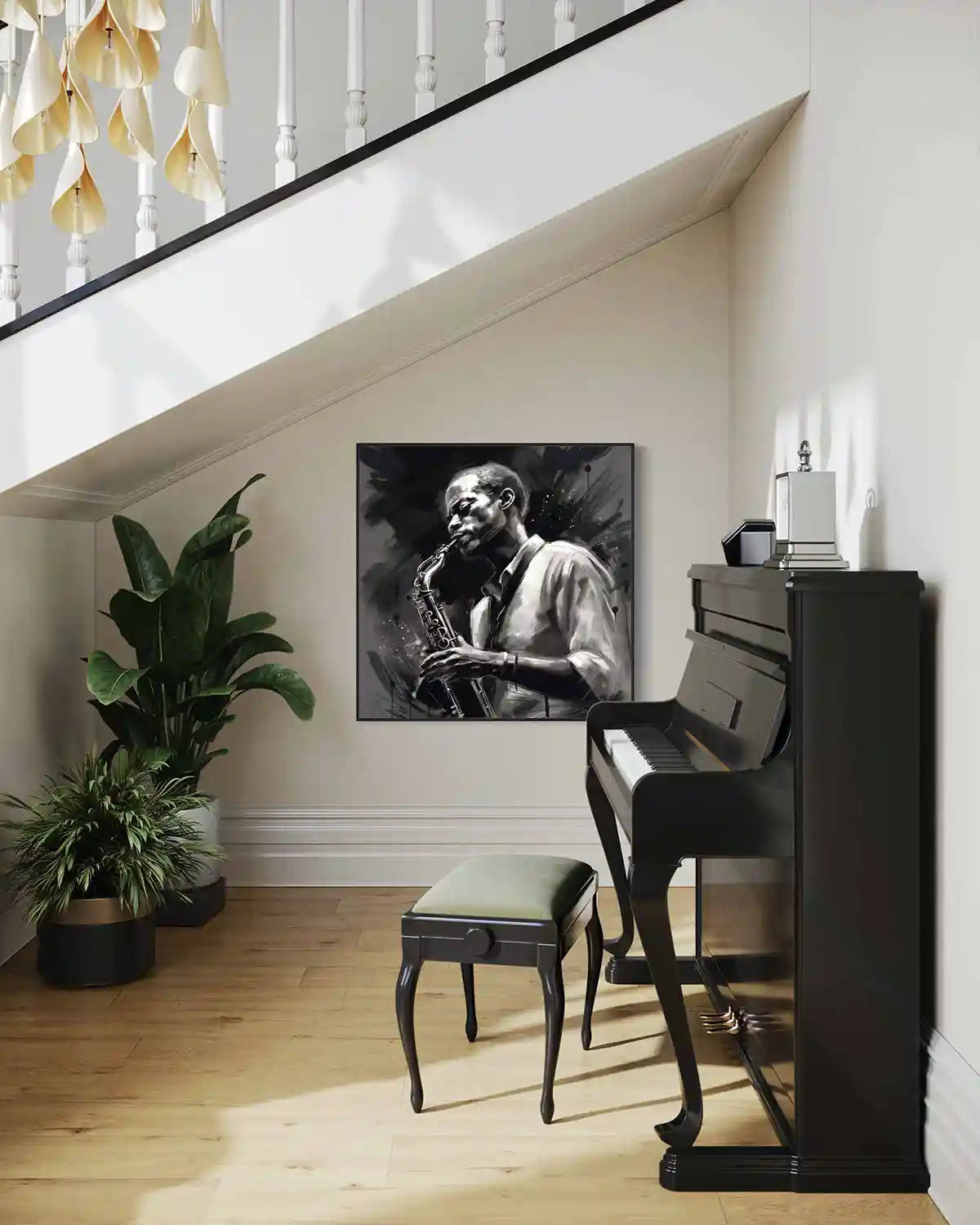 Jazz Musician digital art print on oversized black and white wall art in a living room with a piano.
