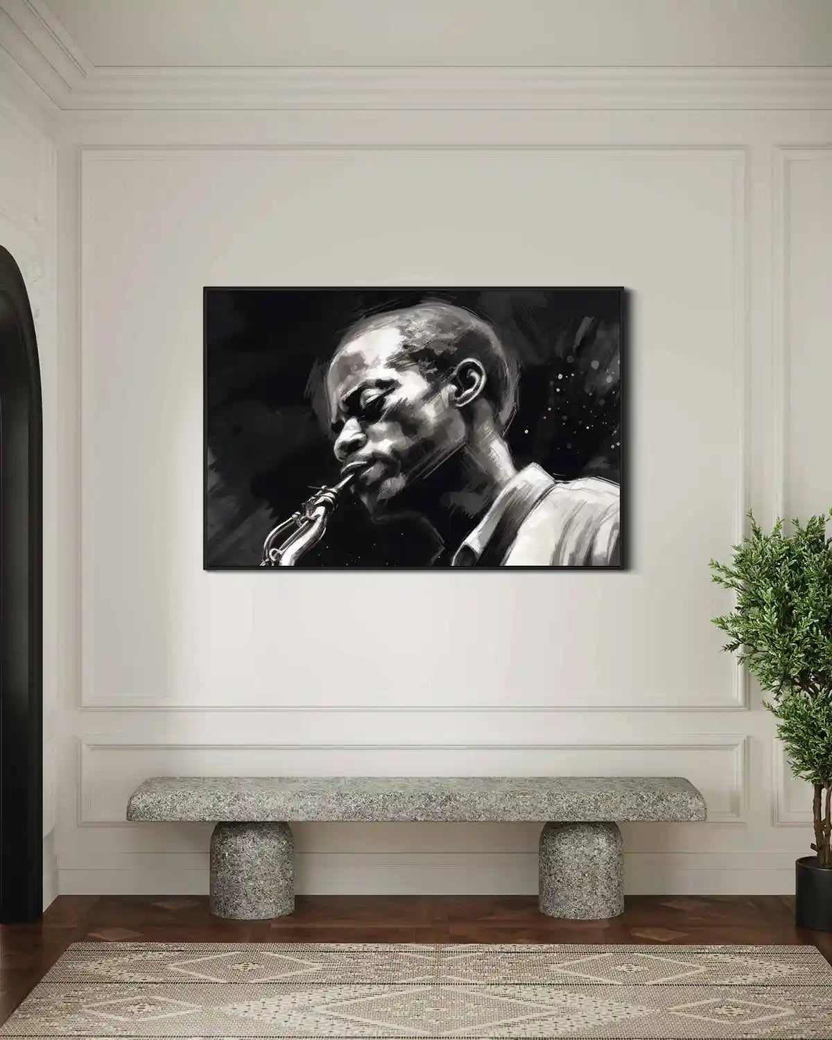 Jazz Musician digital art print on oversized wall art in a modern interior, frontal view.