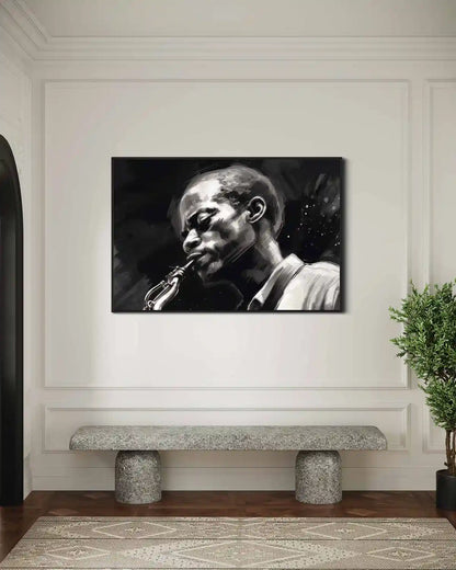 Jazz Musician digital art print on oversized wall art in a modern interior, frontal view.