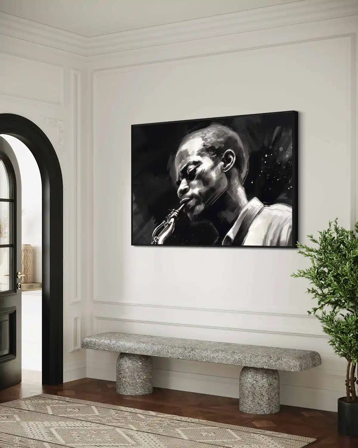 Jazz Musician digital art print on oversized wall art in a modern interior, side view.