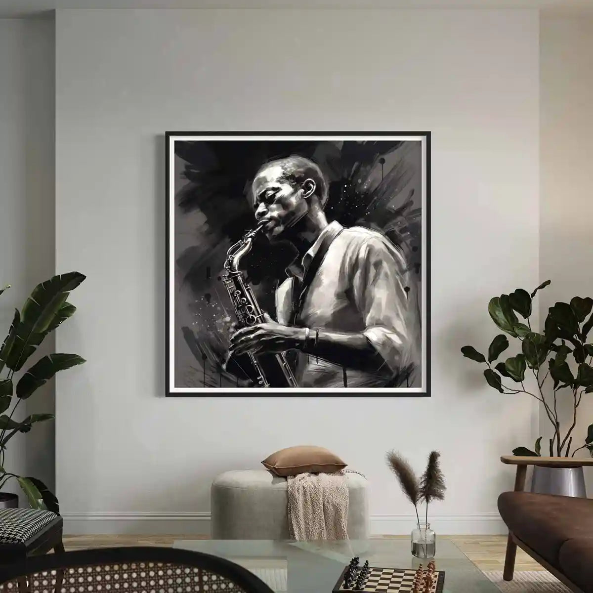 Jazz Musician oversized digital wall art print in modern living room interior.