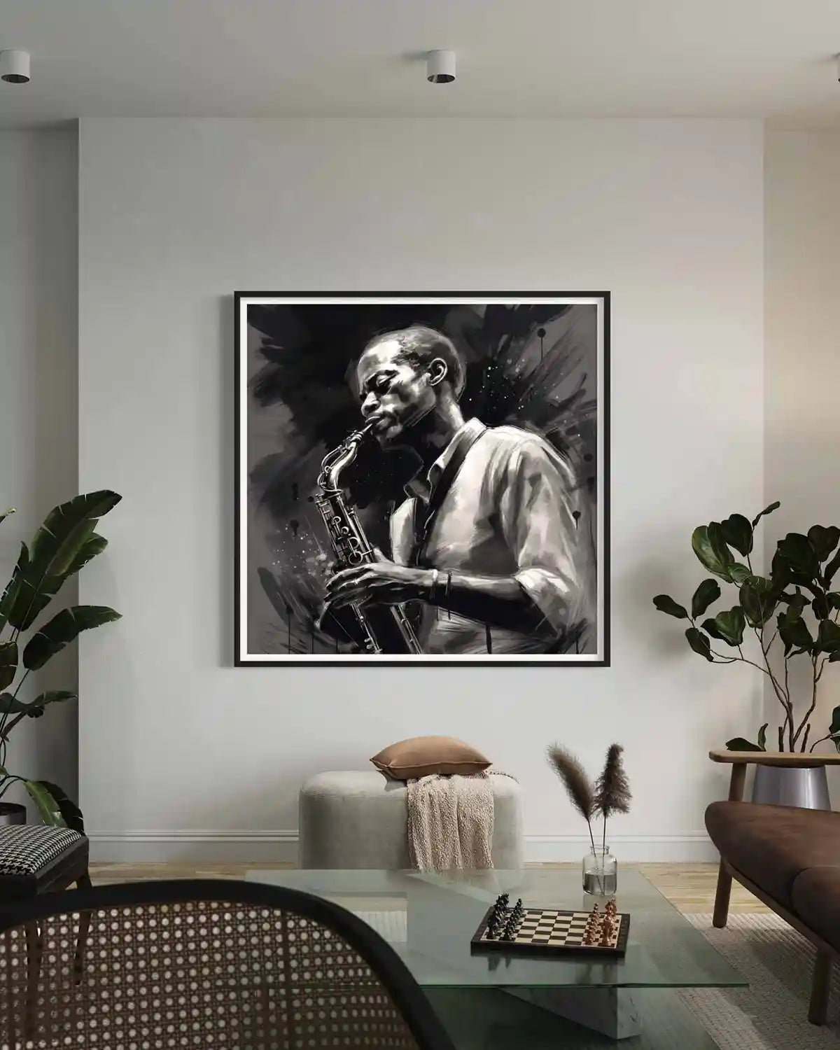 Jazz Musician oversized digital wall art print in modern living room interior.