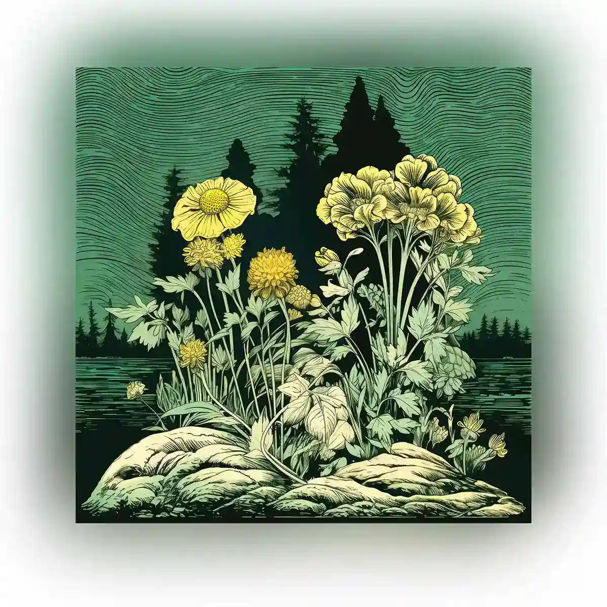 Lakeside Gem digital art featured image, showcasing a tranquil lakeside scene with vibrant wildflowers and lush trees.