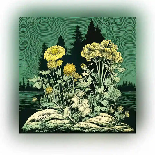 Lakeside Gem digital art featured image, showcasing a tranquil lakeside scene with vibrant wildflowers and lush trees.