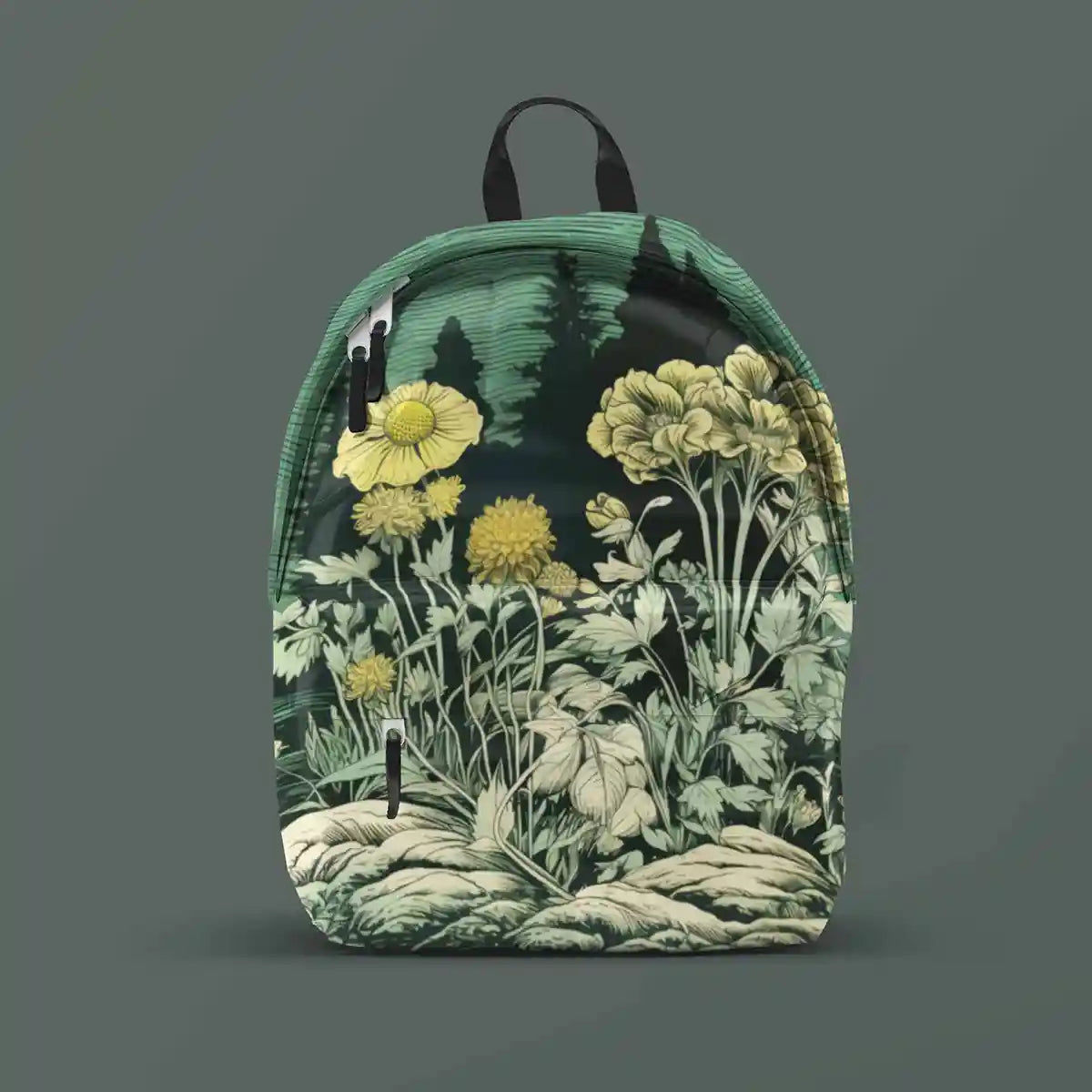 Lakeside Gem digital art print on a backpack featuring a customizable background.