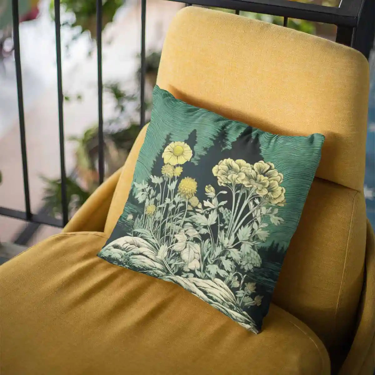Modern yellow couch with throw pillow featuring Lakeside Gem digital art print.