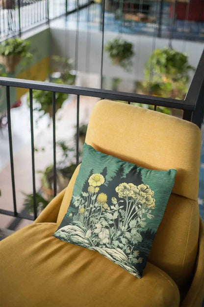 Lakeside Gem digital art print on a throw pillow lying over a modern yellow couch.