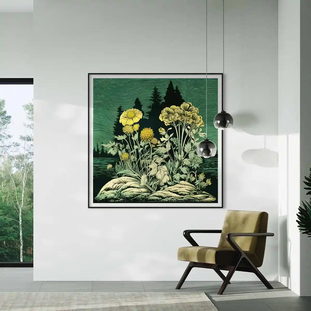 Lakeside Gem digital art print on oversized wall art in a contemporary, nature-inspired living room, frontal view.