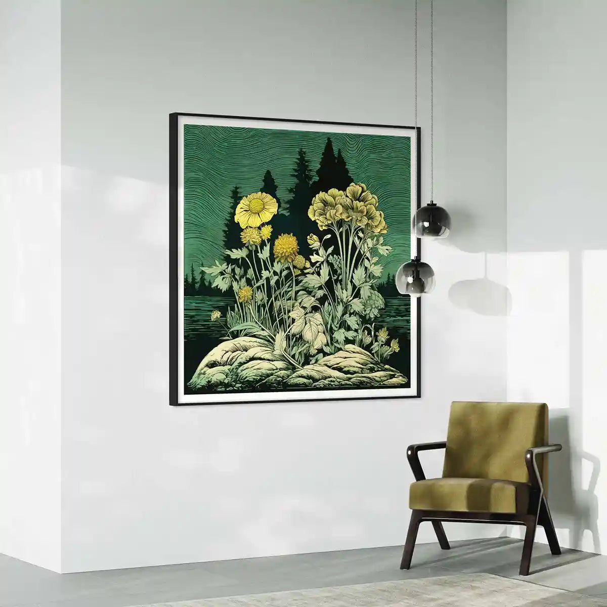 Lakeside Gem digital art print on oversized wall art in a contemporary, nature-inspired living room, side view.
