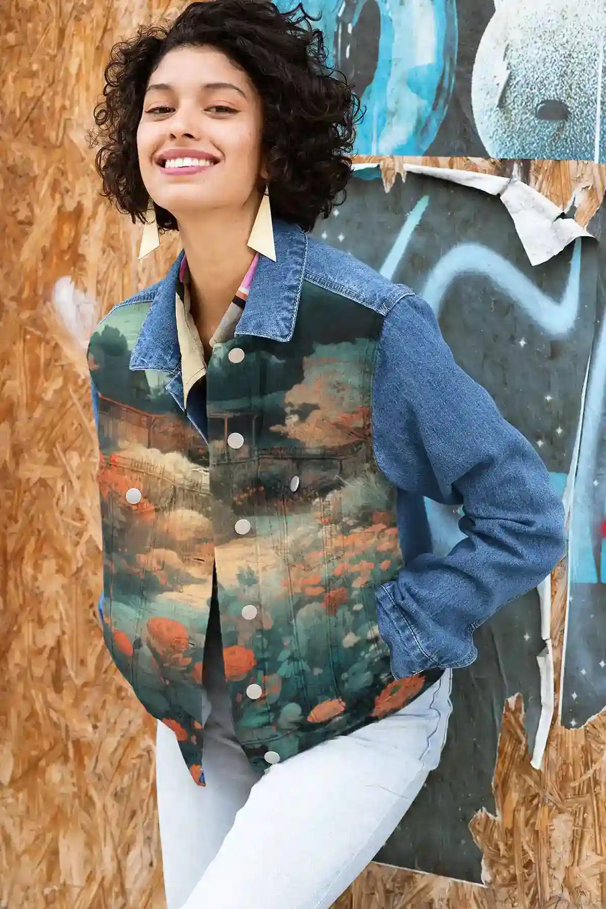 Memo digital art print on a denim jacket featuring a woman posing against a wall, adding a unique touch to personal style and fashion.
