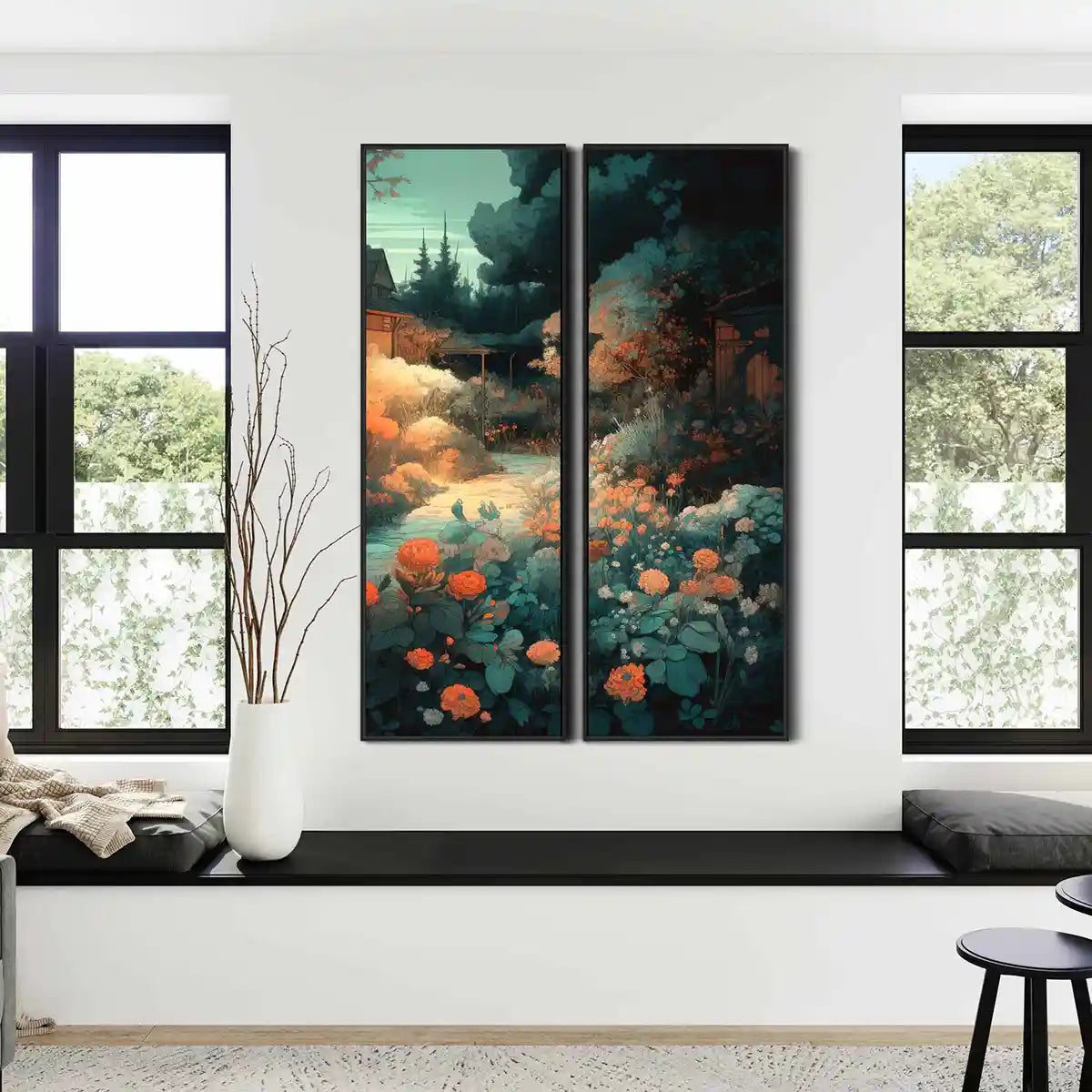 Memo digital art print on oversized diptych wall art in a modern minimalist living room, frontal view.