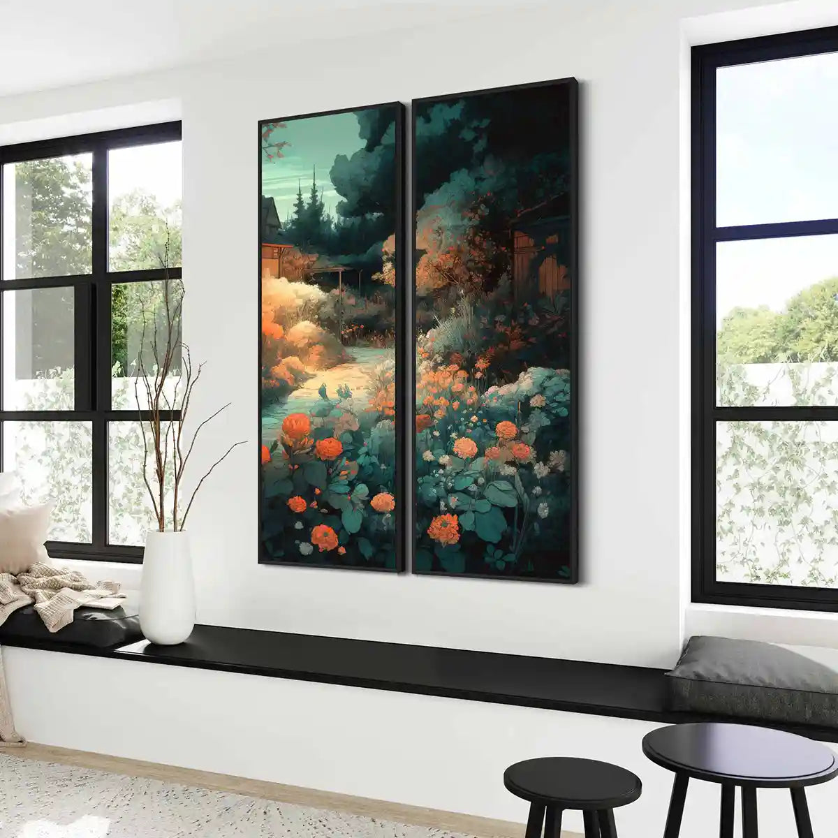 Memo digital art print on oversized diptych wall art in modern minimalist living room, perfect for home decor, side view.