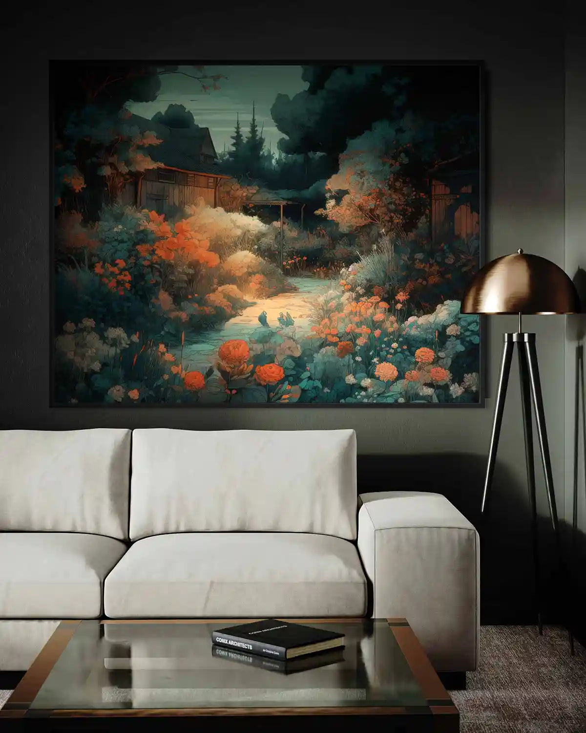 Memo digital art print on oversized wall art in cozy modern living room with sofa, perfect for enhancing home decor with a warm and inviting atmosphere.